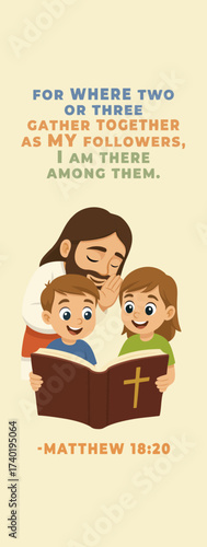 Christian illustration of Jesus with happy children reading the Holy Bible, inspired by Matthew 18:20 scripture verse. Colorful cartoon style artwork for  Sunday school and Christian education.