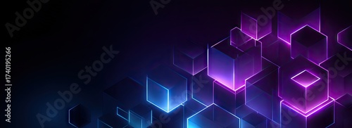 Abstract glowing cubes with neon edges float against a dark gradient background