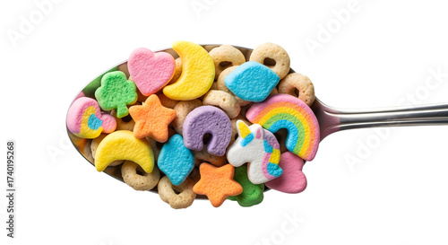 Colorful lucky charms cereal marshmallows on a spoon isolated on transparent background