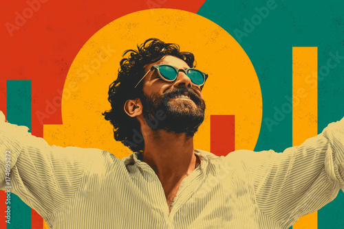Happy investor celebrating a smart investment opportunity in bright colors