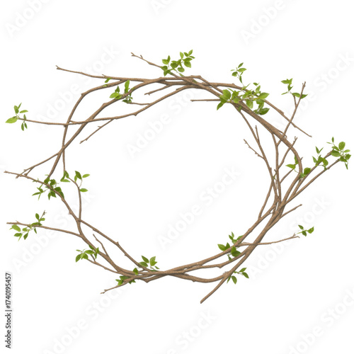 Natural branch wreath with green leaves, circular shape, isolated on transparent background, perfect for spring or rustic decoration, evokes fresh and organic feeling