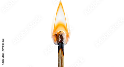 Close up of a lit match with a bright orange flame isolated on transparent background
