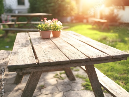 Rustic Wooden Picnic Table in Sunny Garden Setting