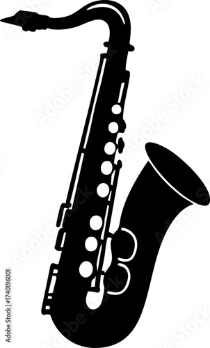 Silhouette of a saxophone with curved body, bell, and visible mouthpiece as a reed instrument.