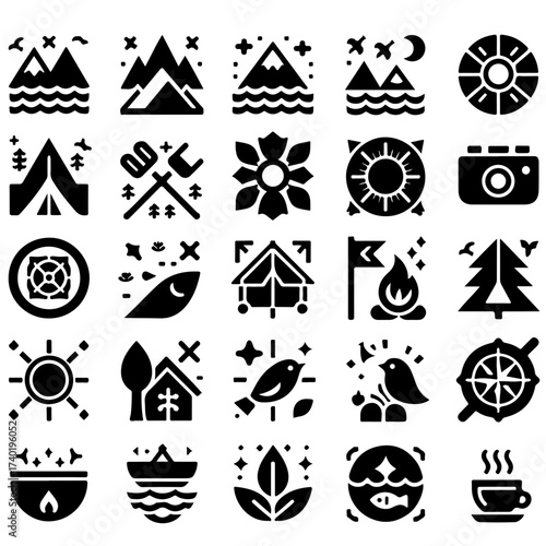 Nature and Outdoor Activities Icon Set Minimalist Black Vector