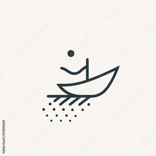 Abstract icon of a person rowing a boat on water droplets  