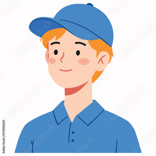 Creative design vector art of cartoon illustration of a young boy wearing a blue cap and polo shirt, smiling warmly