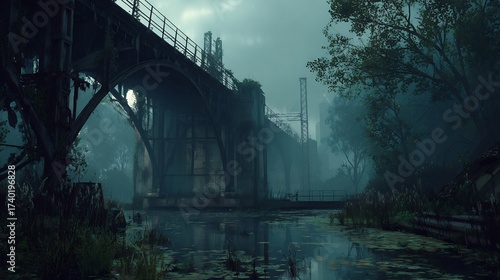 Overgrown industrial bridge spans a tranquil, misty river with lily pads, depicting an abandoned post-apocalyptic landscape reclaimed by nature.