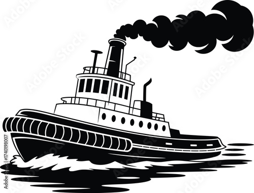 Tugboat Illustration, Vintage Ship Silhouette, Nautical Marine Vessel Design.
