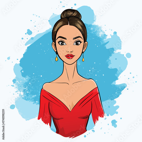 Elegant woman in a red dress with a bun hairstyle, set against a vibrant blue watercolor backdrop, radiating beauty and grace