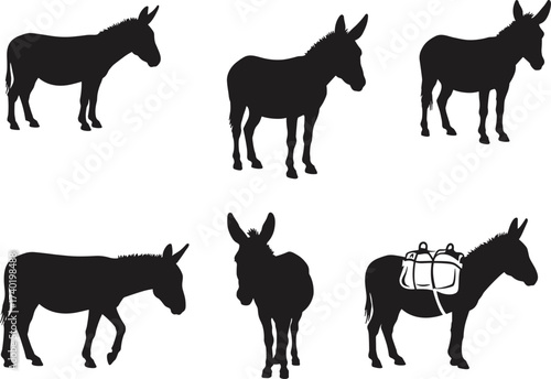 Donkey silhouettes, farm animal vector, working donkey, loaded donkey, pack mule symbol, livestock outline, rural transport, wildlife art, agriculture illustration, journey icon