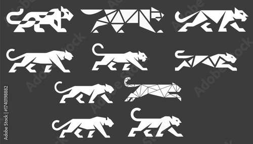 Abstract geometric tiger silhouettes collection diverse poses majestic wild feline art