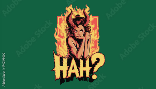 Mysterious woman with horns and question mark text graphic art