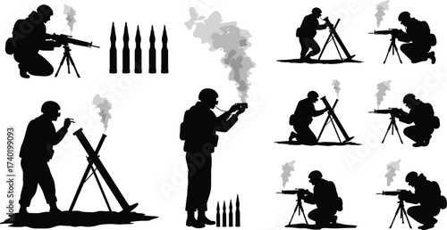 soldiers operating mortar launchers, preparing ammunition, firing weapons, and battlefield smoke effects for military combat, war mission, tactical defense, and armed forces design