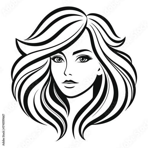 Stunning woman with wavy hair, a detailed black and white portrait isolated on white background, perfect for beauty or fashion related designs