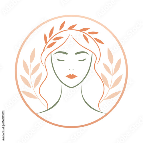 Elegant woman portrait logo with leaves crown beauty salon, spa, fashion, cosmetics, jewelry or organic products brand identity