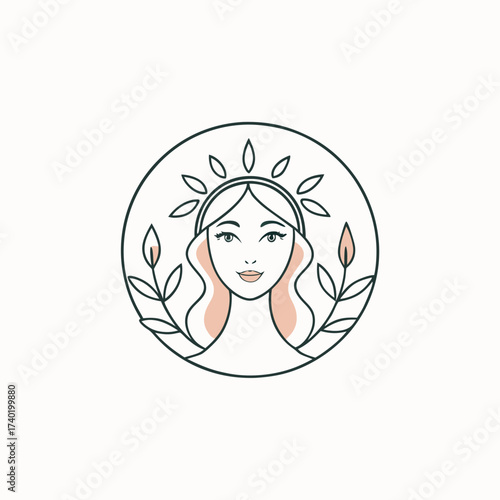 Elegant woman portrait logo with leaves crown isolated on white background beauty salon, spa, cosmetics, jewelry brand identity