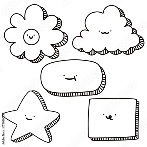 speech bubbles set. cute doodle set. black and white icon. square. square with a stamp. line. blank square. drawing square. doodle. line art. drawing. out line. sketches. smile face. cute.