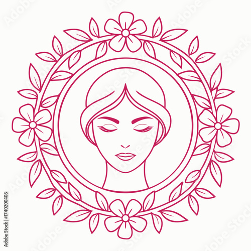 Beautiful woman face in floral frame isolated on white background beauty salon logo design concept minimalist style vector illustration elegant and simple