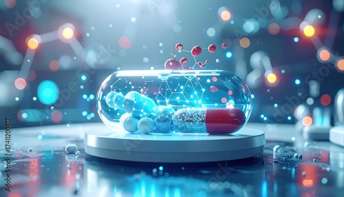 Glowing medical drug repurposing platform showing research analysis