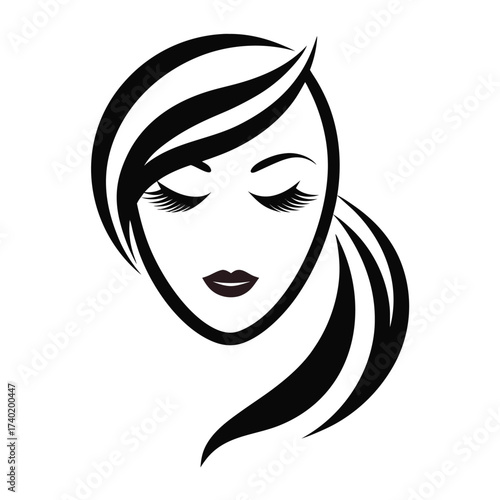 Elegant woman face with long eyelashes and ponytail isolated on white background beauty salon logo design concept minimalist style vector illustration