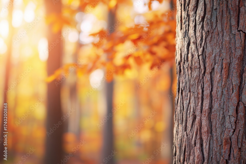 Fototapeta premium Close up of autumn forest with vibrant burnt wood colors, showcasing textured tree bark and blurred background of golden foliage, creating a warm seasonal atmosphere