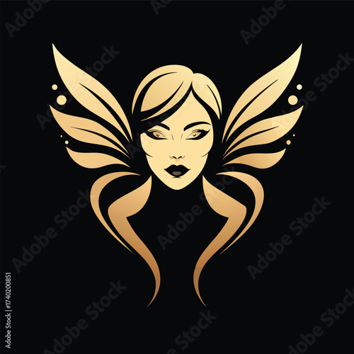 Golden fairy logo design with woman face and wings, a symbol of beauty, elegance, and magic on black background