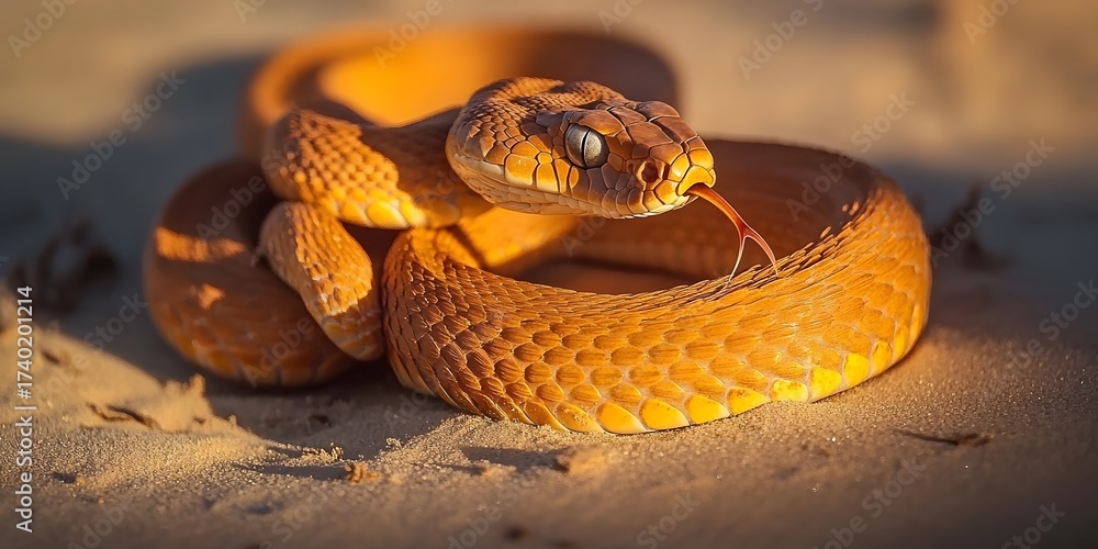 Fototapeta premium Golden Desert Snake Coiled in Sand at Sunset