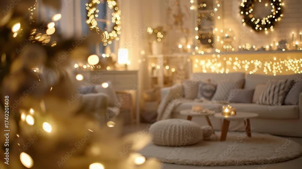 Warm minimalist living room with subtle festive decor and string lights; cozy neutral palette, soft glow and steady loop for holiday headers and home decor promos