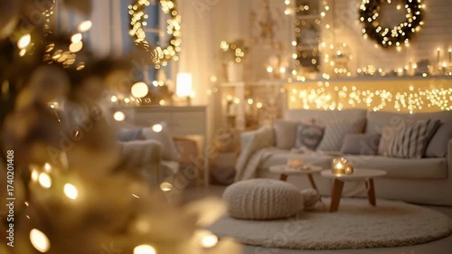 Warm minimalist living room with subtle festive decor and string lights; cozy neutral palette, soft glow and steady loop for holiday headers and home decor promos