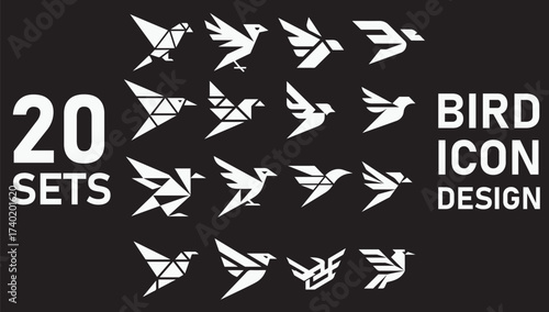 Modern geometric abstract bird icon designs collection twenty sets for branding and graphics