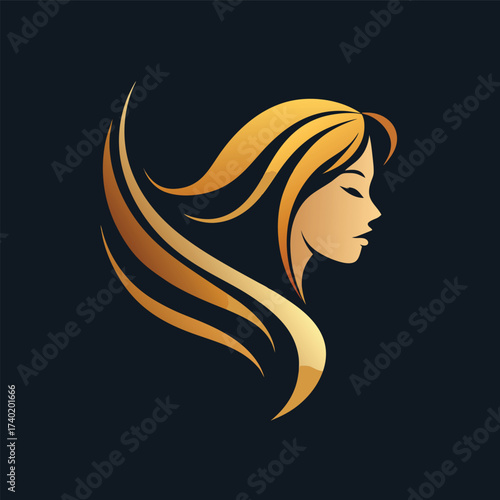 Golden haired woman with flowing locks, a symbol of luxury, beauty, and feminine allure against a dark backdrop, captivating design