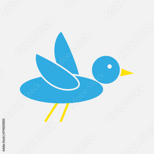 Simple blue bird illustration with yellow beak and legs flying