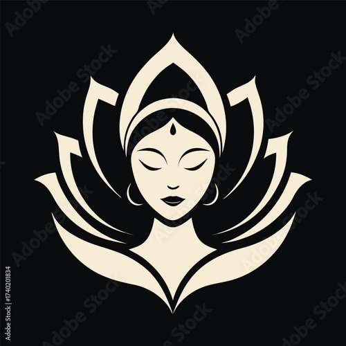 Elegant woman face in lotus flower logo for beauty salon, spa, yoga studio, or wellness center branding on black background