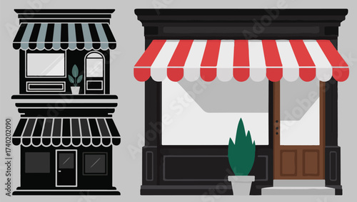 Charming shop facades with striped awnings for retail and business concepts