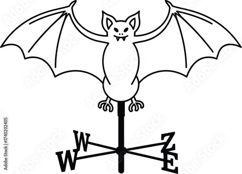 Bat weathervane illustration in black and white outline