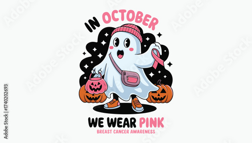 Spooky cute ghost in pink for october breast cancer awareness halloween