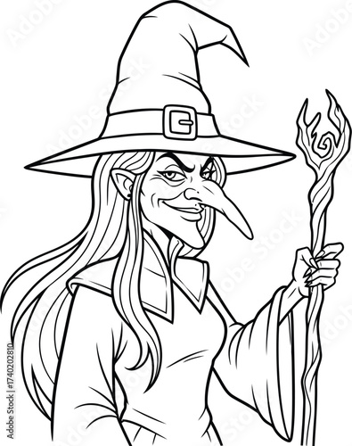 Cartoon witch with long nose and staff in black and white