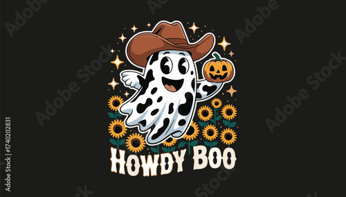 Spooky cowboy ghost howdy boo pumpkin sunflowers halloween t shirt design