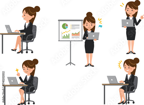 Cartoon businesswoman working on laptop, female office worker presentation, professional woman manager, corporate character, office illustration, successful career concept
