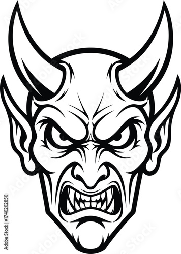 Angry devil face with horns in black and white outline