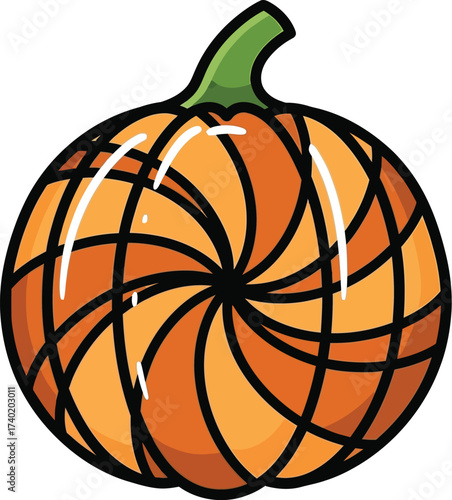 Cartoon pumpkin with swirling lines on a white background