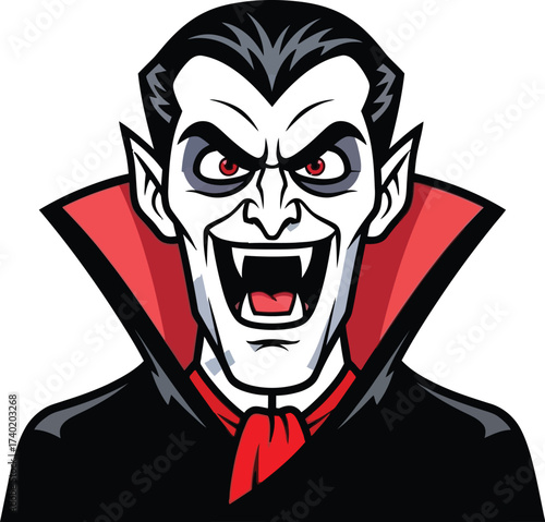 Cartoon vampire with red eyes and fangs on white background