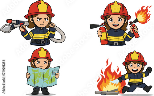 Cartoon firefighter illustration set, fire emergency safety, fireman with hose, extinguisher, map, fire control, rescue action, emergency service