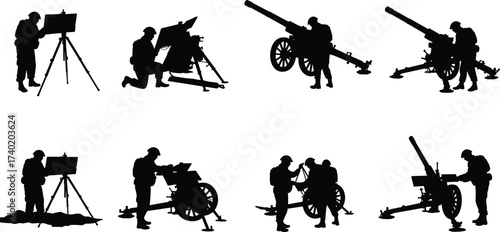 Vector silhouettes of soldiers operating heavy artillery cannon, loading weapons, preparing battlefield defense, war combat training, military equipment and army weapon illustration