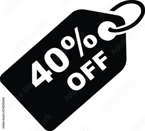 A black tag with the text forty percent off in white against a white background in a close up view