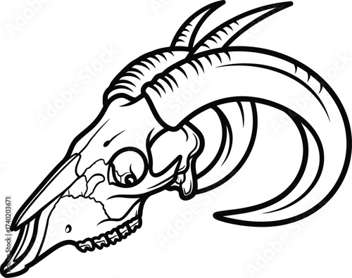 Detailed line art illustration of a goat skull on white