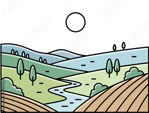 A minimalist line art illustration of a serene rural landscape with rolling hills, a winding river, and farmland under the sun