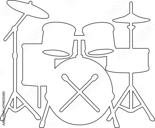 Drum set outline silhouette featuring bass drum, toms, and cymbals in linear design.