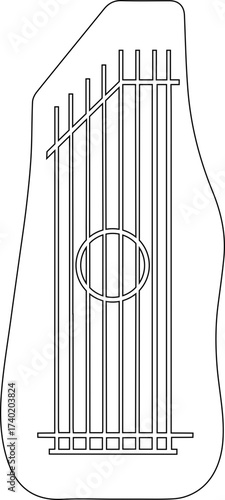 Sitar outline silhouette with long neck, resonator gourd, and strings.